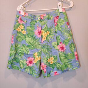 Ralph Lauren Linen Shorts Womens 8 Blue Tropical Floral Bermuda Short Pleated